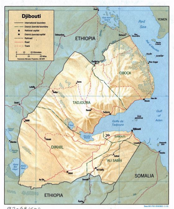 Grande detallado mapa político y administrativo de Yibuti con relieve, carreteras, ferrocarriles y principales ciudades - 1991
