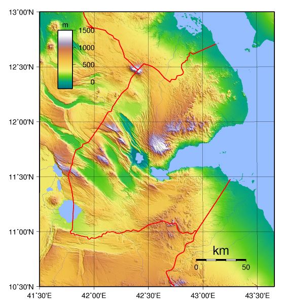 Grande mapa físico de Yibuti