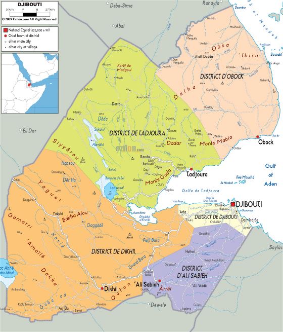 Grande político y administrativo mapa de Yibuti con carreteras, ciudades y aeropuertos