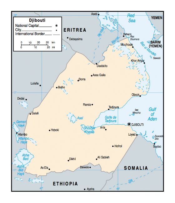 Político mapa de Yibuti con ciudades - 2002