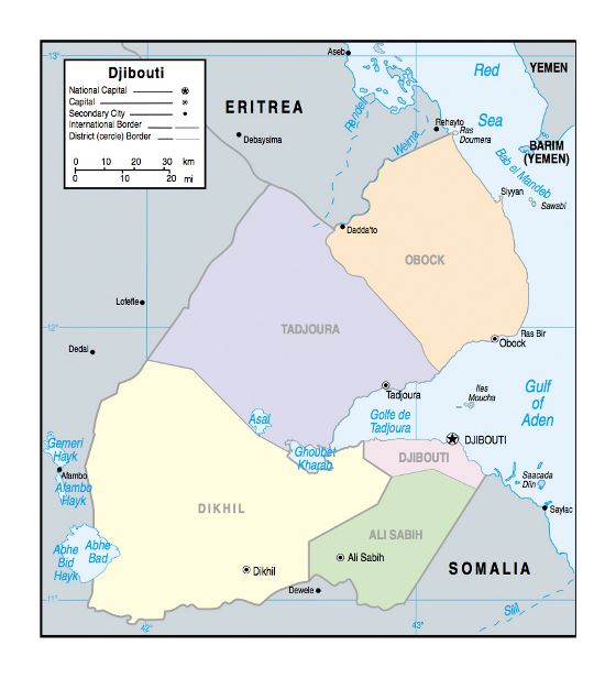 Político y administrativo mapa de Yibuti con principales ciudades - 2002