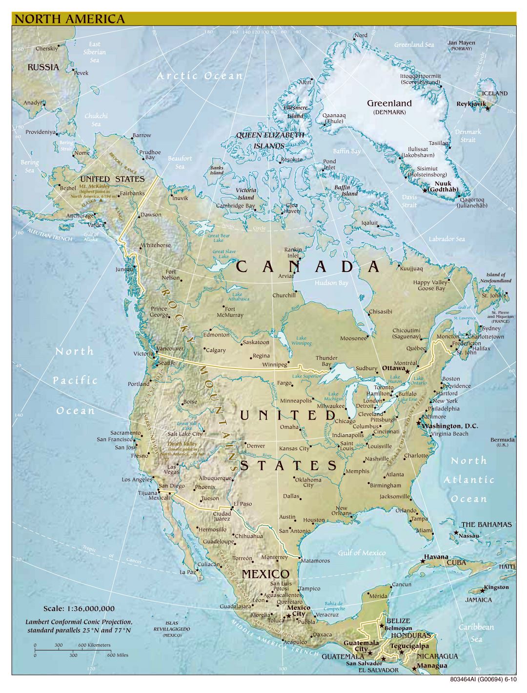 A gran escala mapa político de América del Norte con alivio, las principales ciudades y capitales - 2010