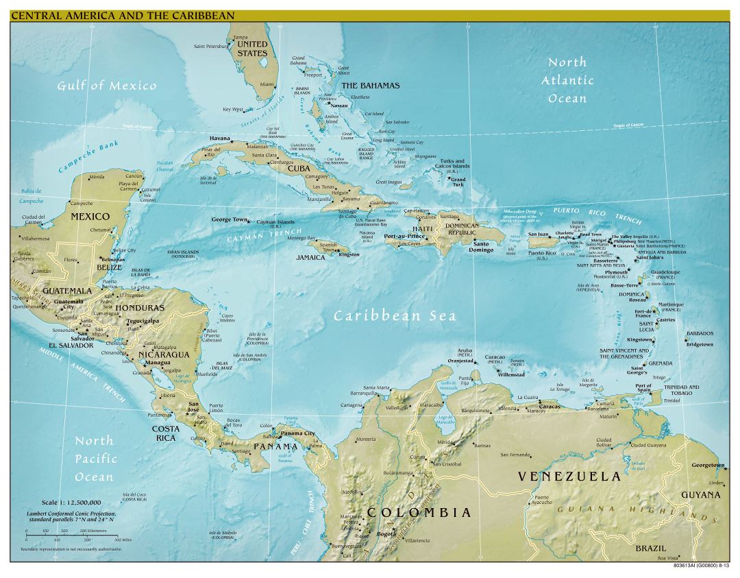 A gran escala mapa político de América Central con alivio, las principales ciudades y capitales - 2013