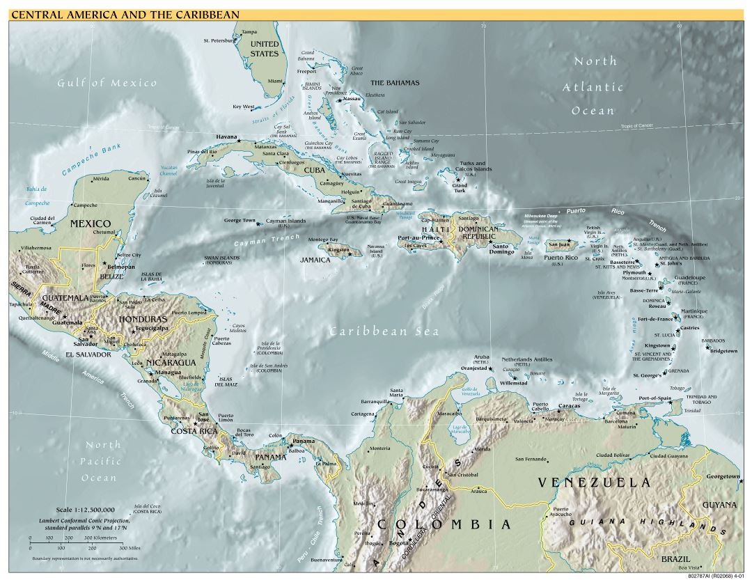 Ampliación de la escala del mapa político de América Central y el Caribe con alivio, las principales ciudades y capitales - 2001
