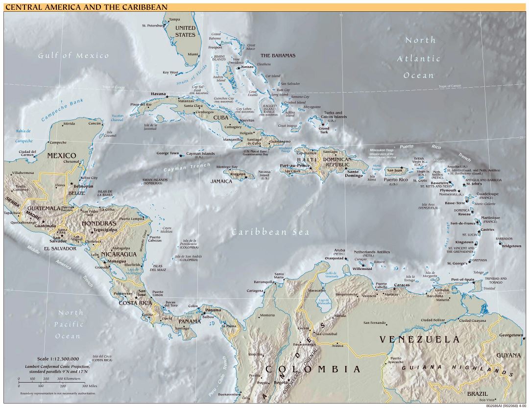 Mapa a gran escala política de América Central y el Caribe con alivio - 2000