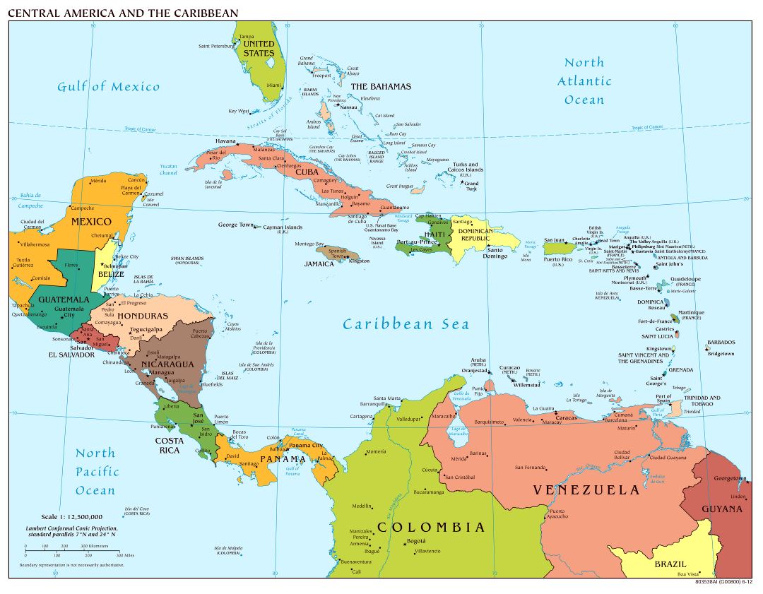 Mapa a gran escala política de Centroamérica con las principales ciudades - 2012