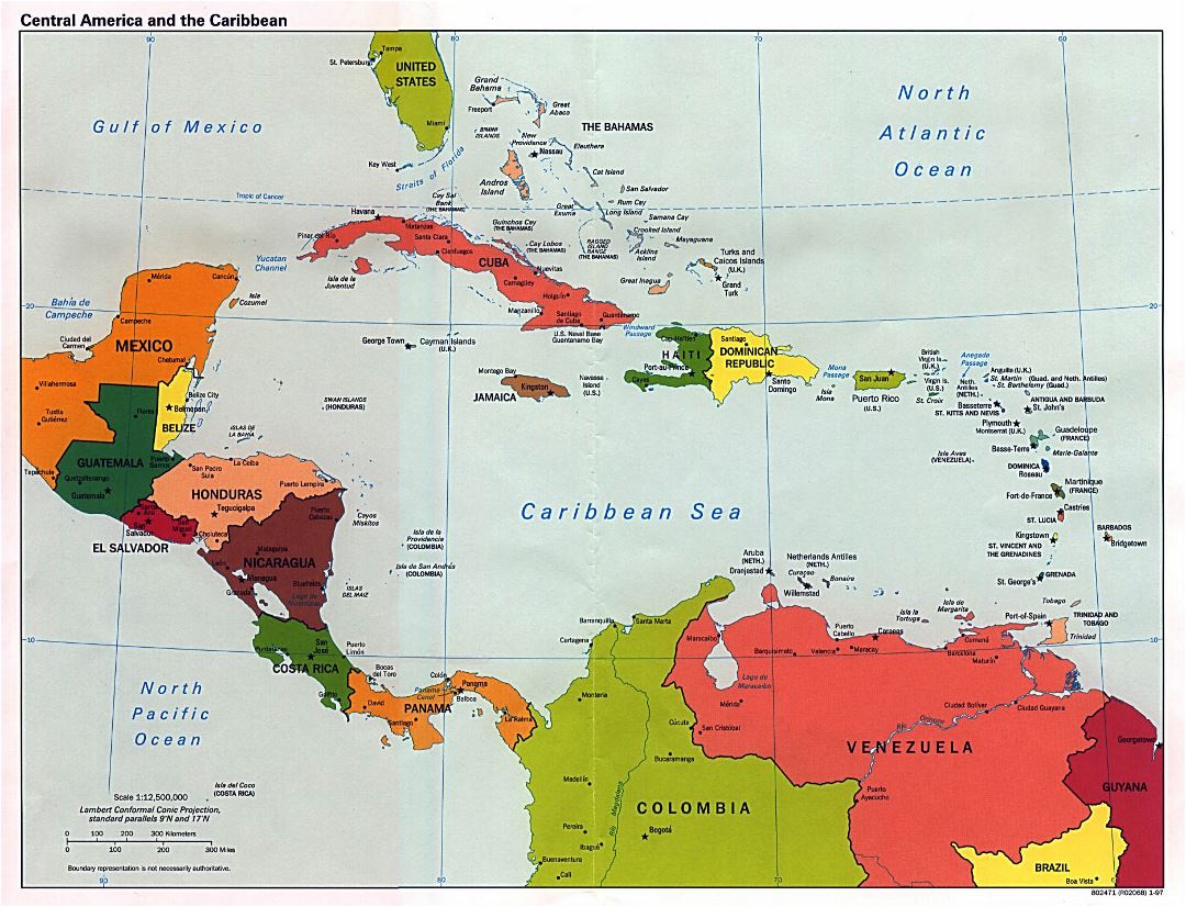 Mapa grande política detallada de América Central con las capitales y principales ciudades - 1997