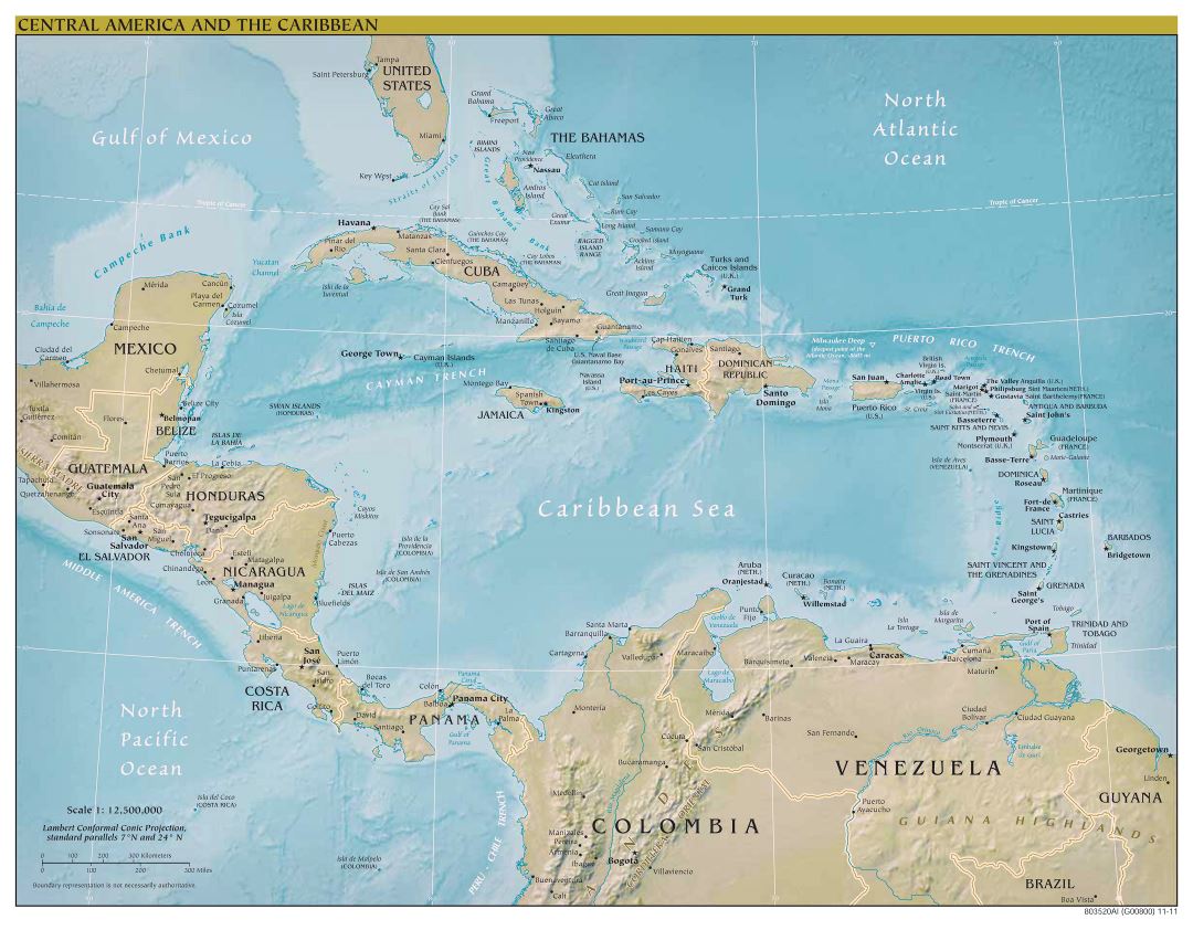 Mapa político a gran escala de América Central con alivio y las principales ciudades - 2012