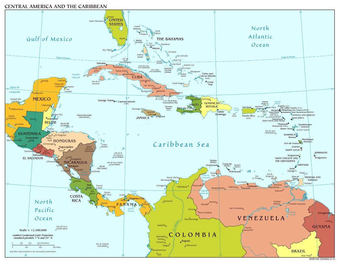 Mapa político a gran escala de América Central con las principales ciudades y capitales - 2013