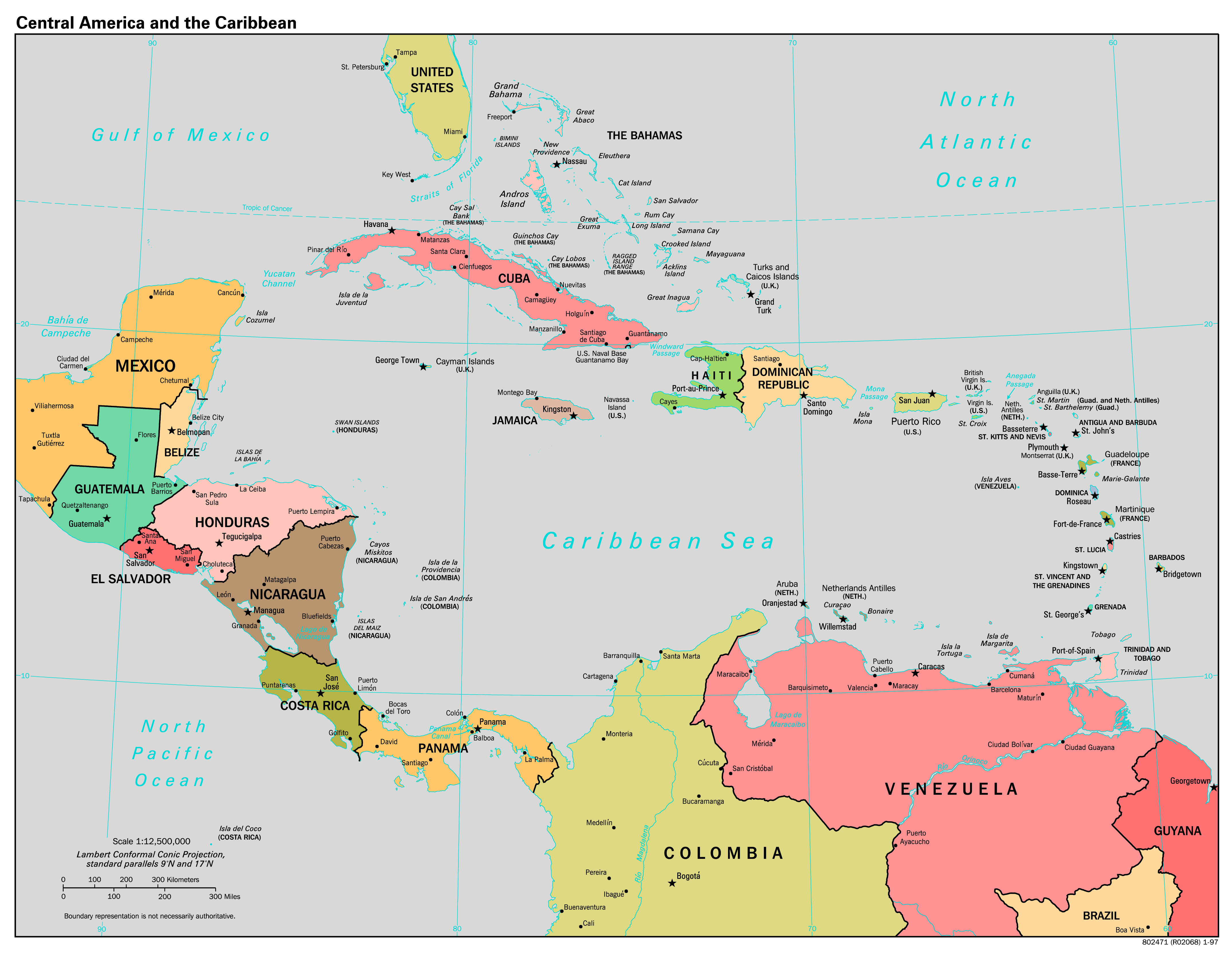 Mapa político a gran escala de América Central y el Caribe  