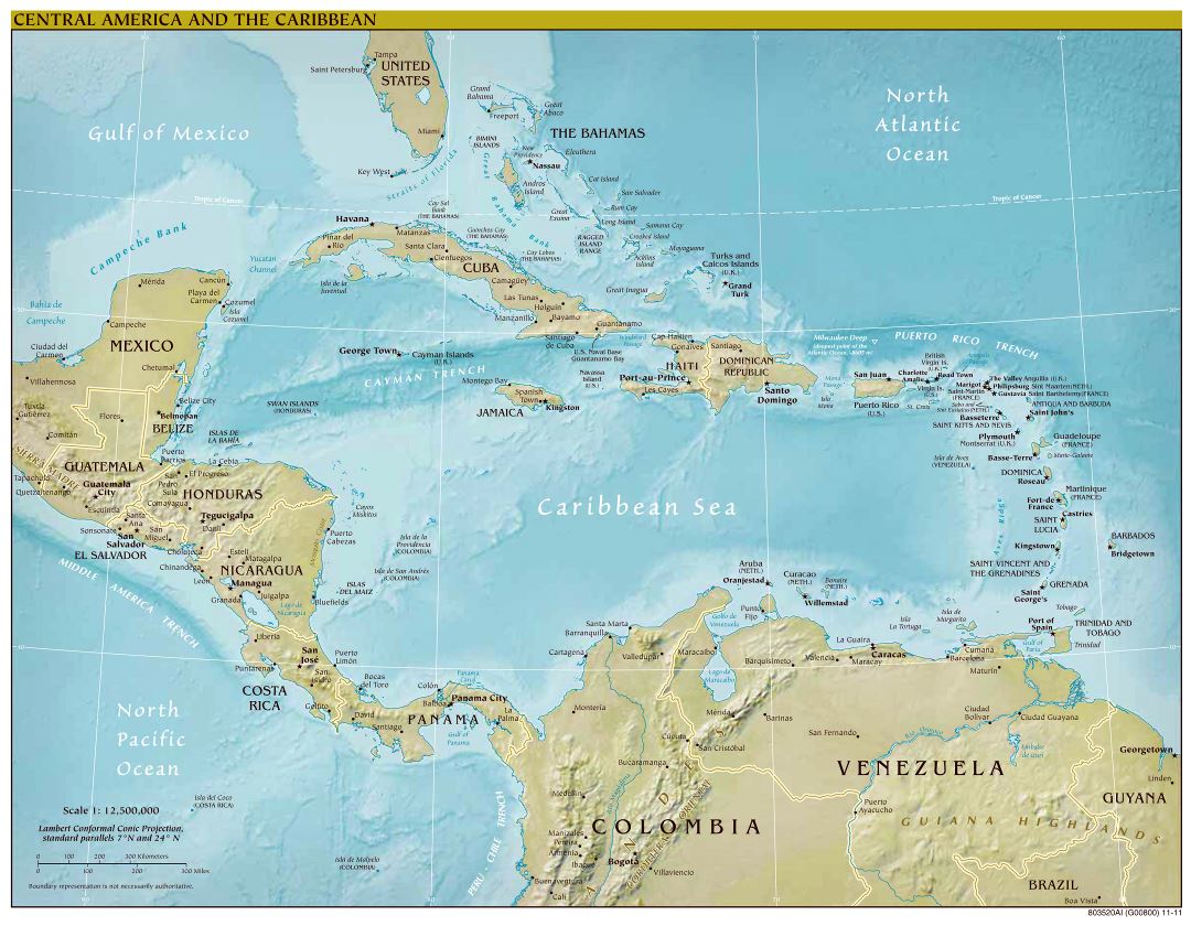 Mapa político a gran escala de América Central y el Caribe con alivio y capitales - 2011