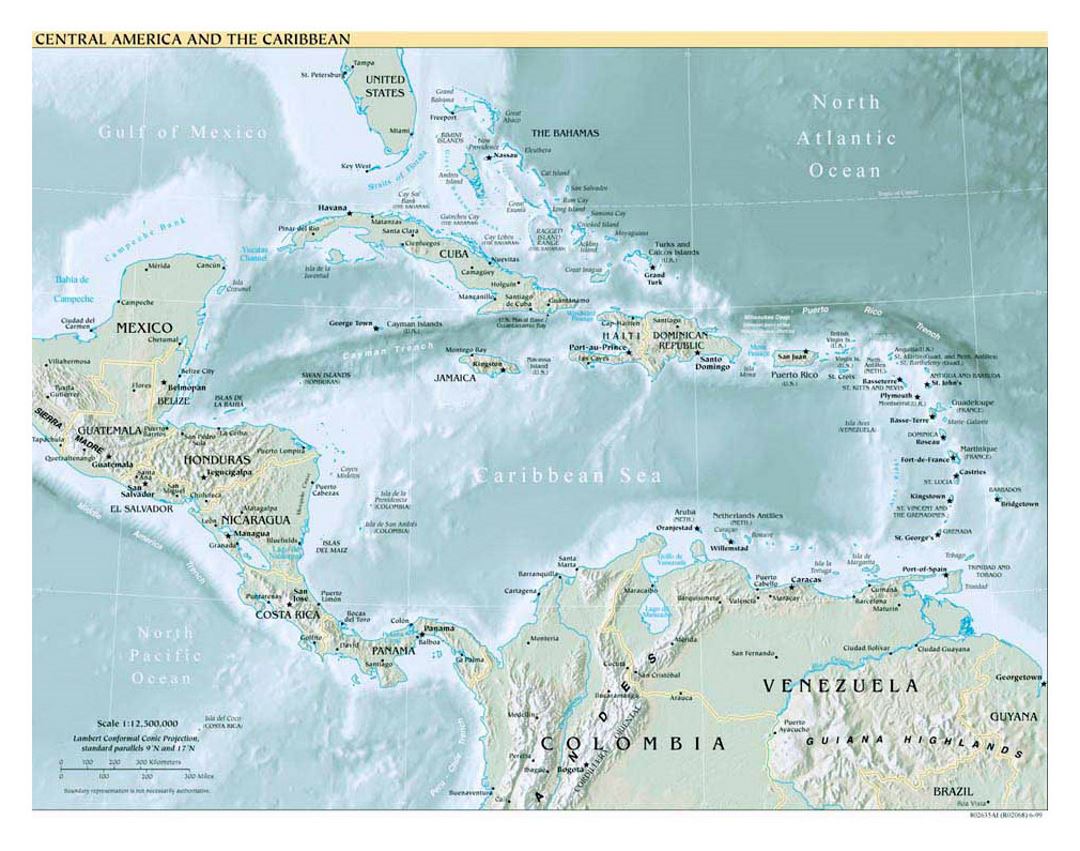 Mapa político de América Central y el Caribe con alivio - 1999