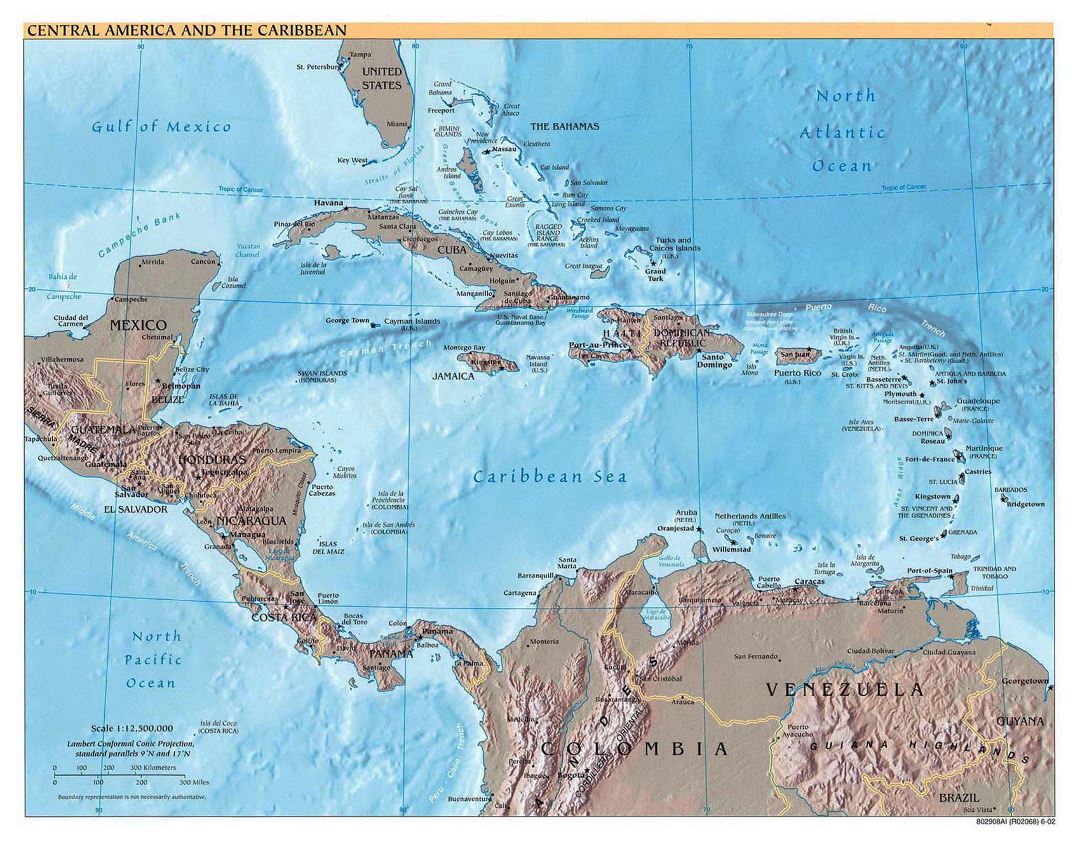 Mapa político detallado de América Central y el Caribe con alivio - 2002