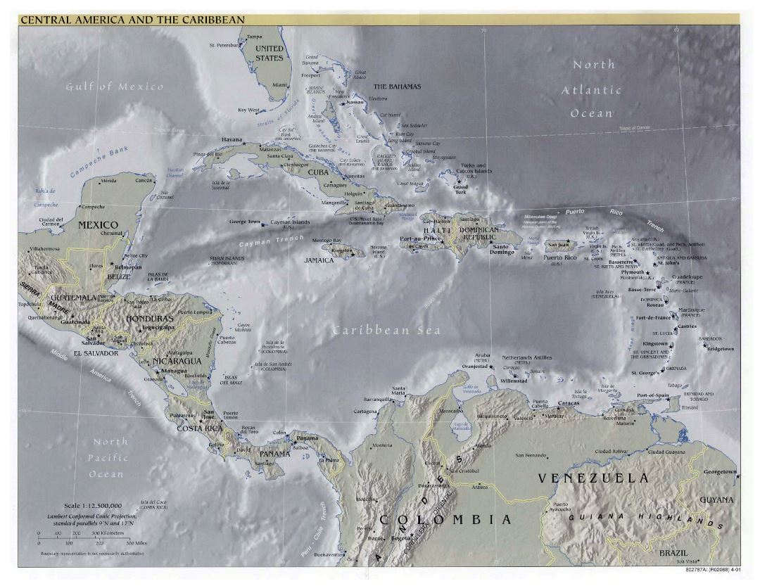 Mapa político detallado de América Central y el Caribe con alivio y ciudades - 2001