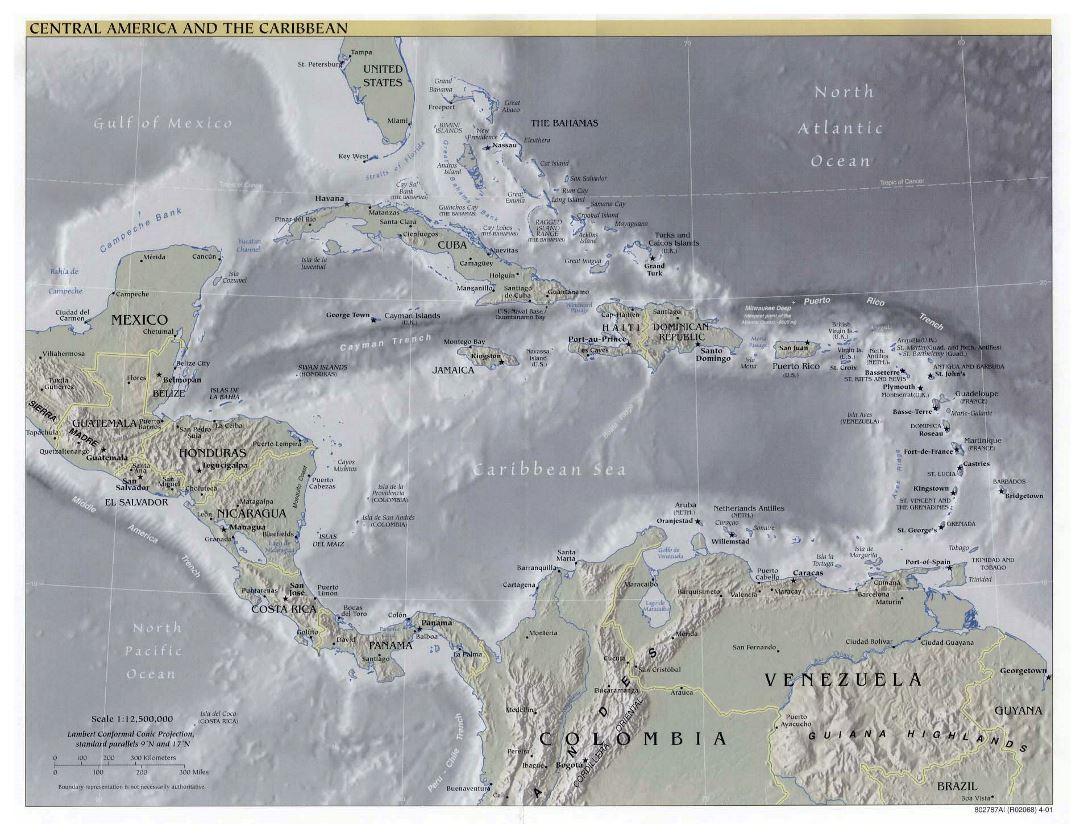 Mapa político detallado de América Central y el Caribe con alivio y ciudades - 2001
