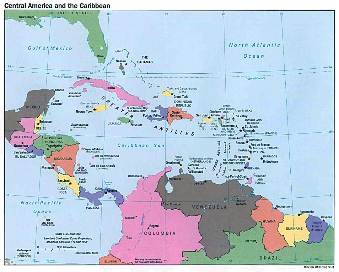Mapa político grande de América Central y el Caribe con capitales - 1993