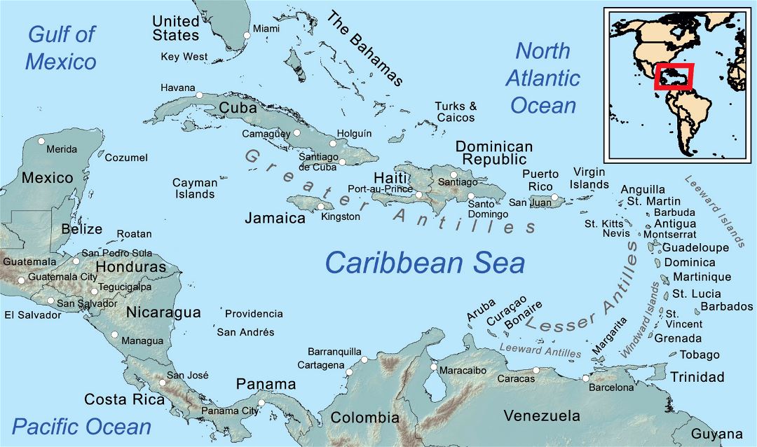 Mapa general grande del Caribe