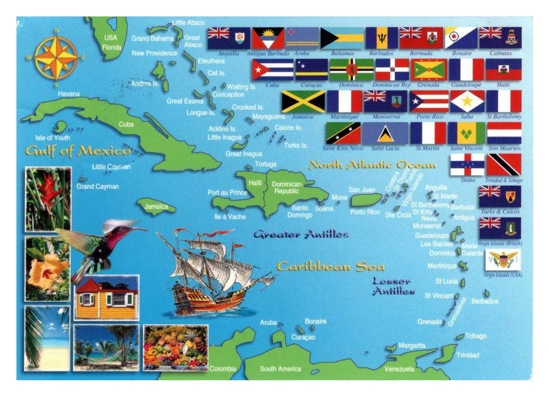 Mapa grande de los países y territorios en el Caribe con banderas