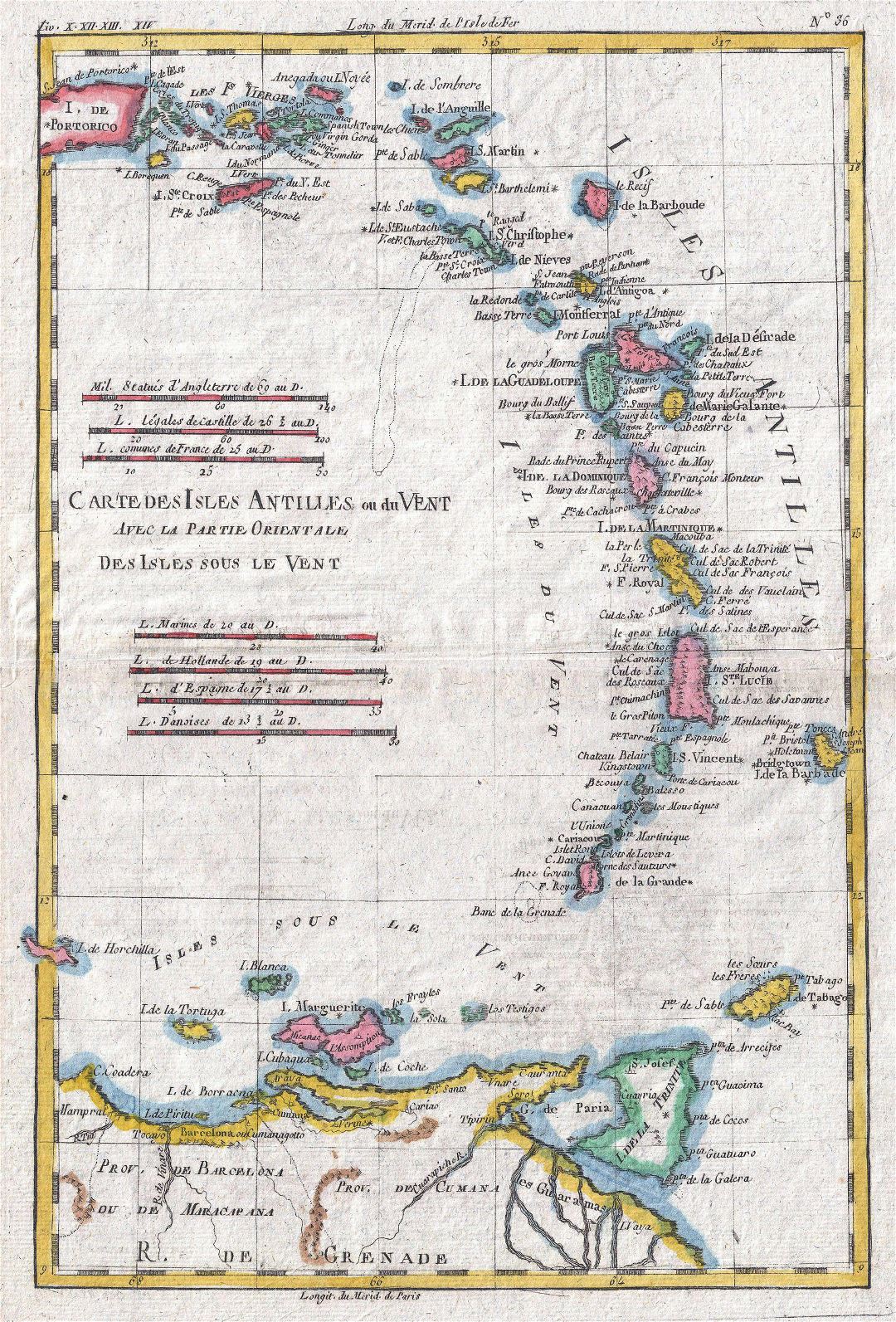 Mapa grande vieja política detallada de las Antillas Menores - 1780