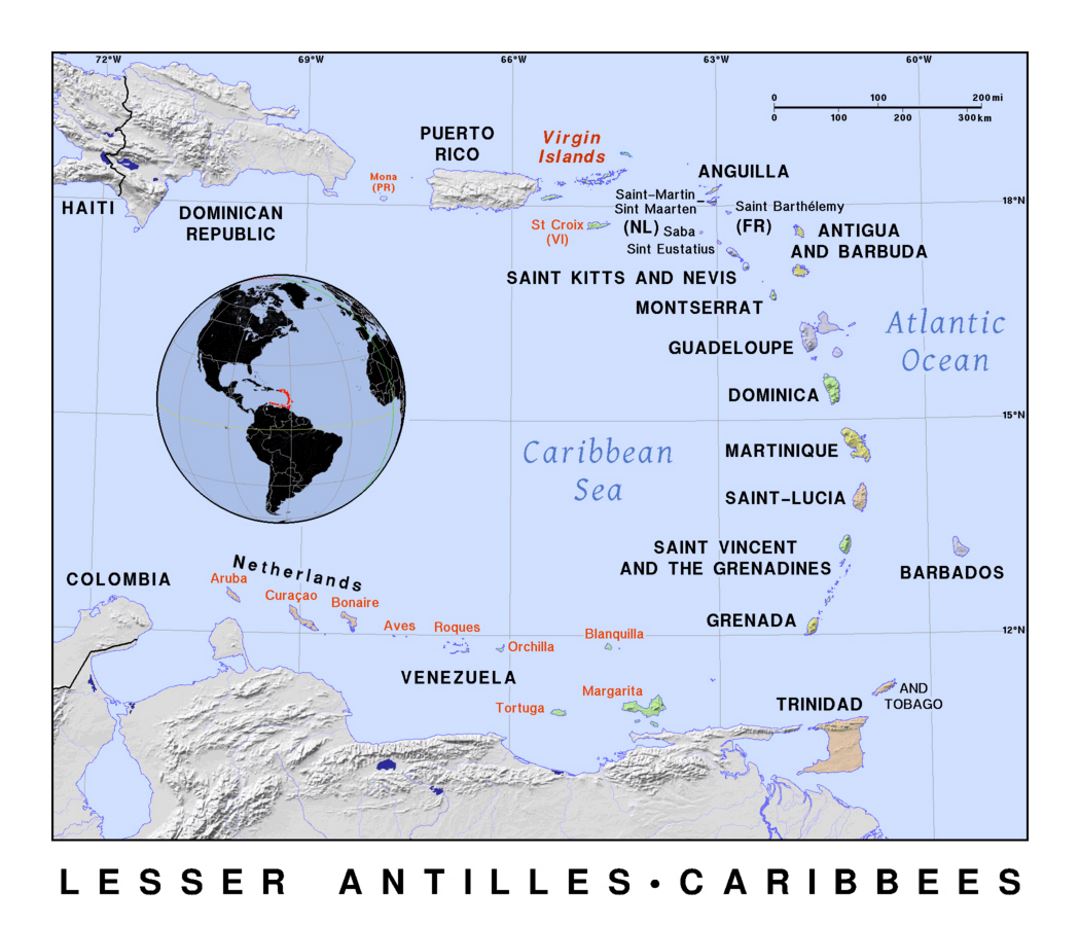 Mapa político detallado de las Antillas Menores con alivio