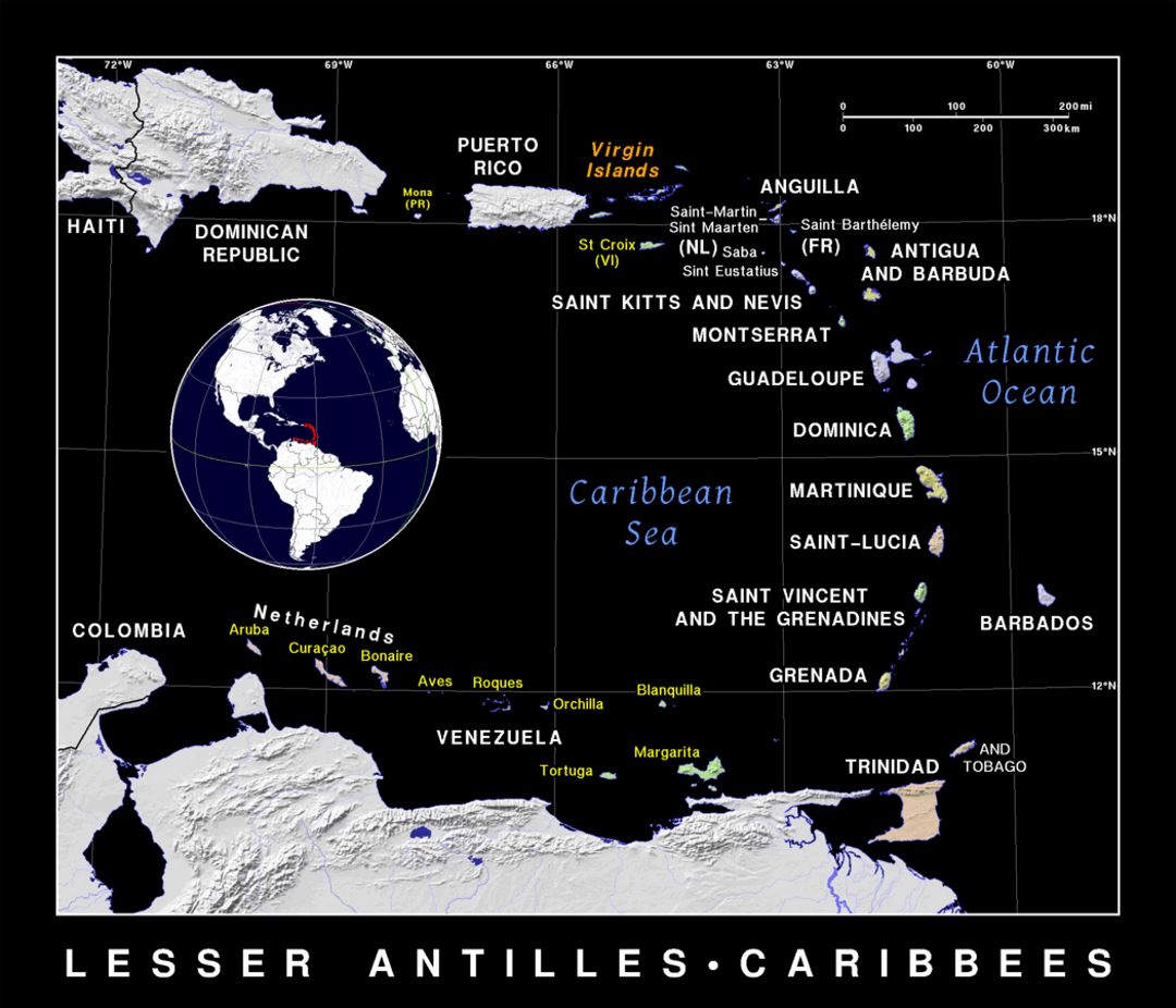 Mapa político detallado de las Antillas Menores