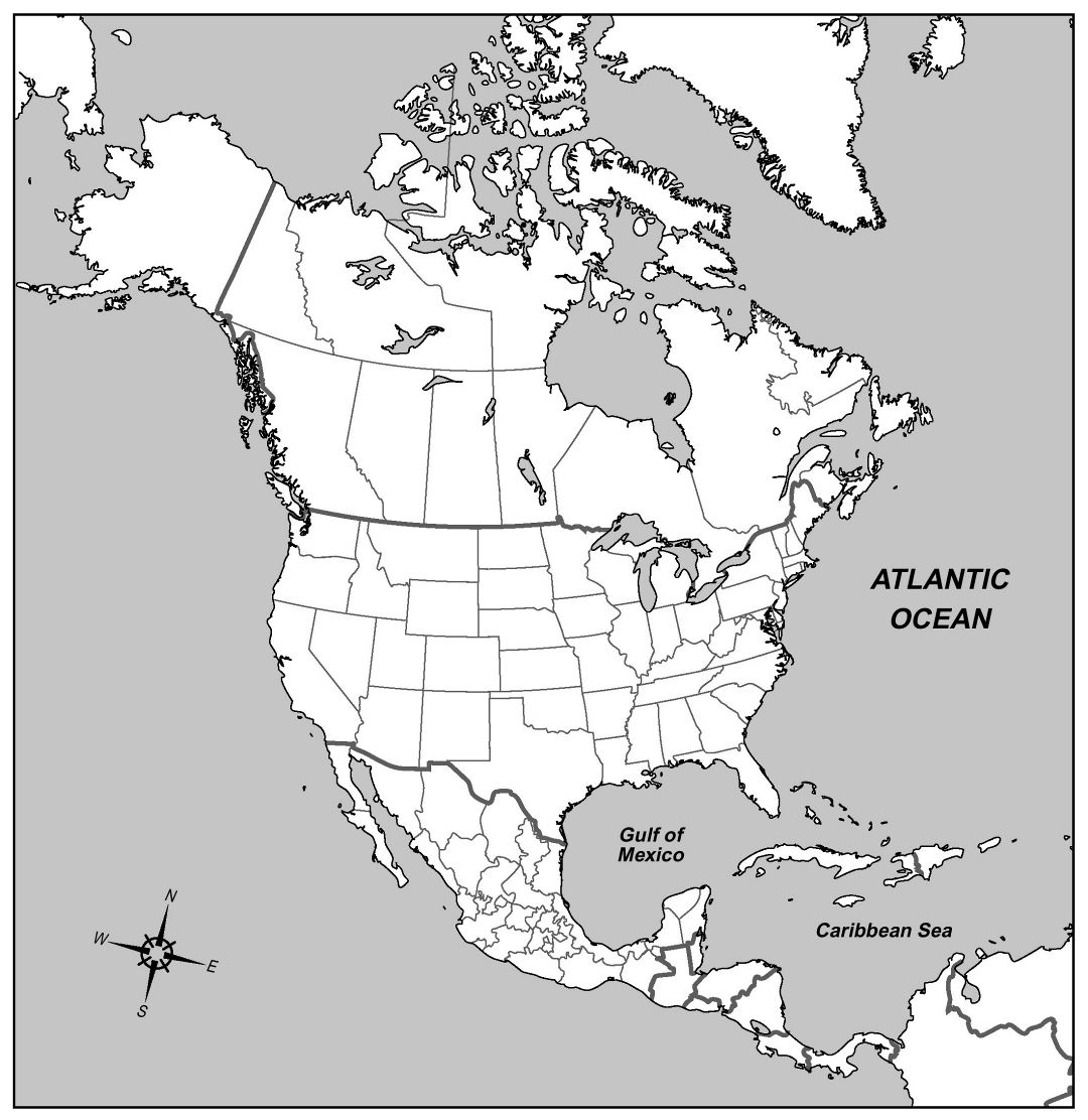 Contorno grande mapa político de América del Norte