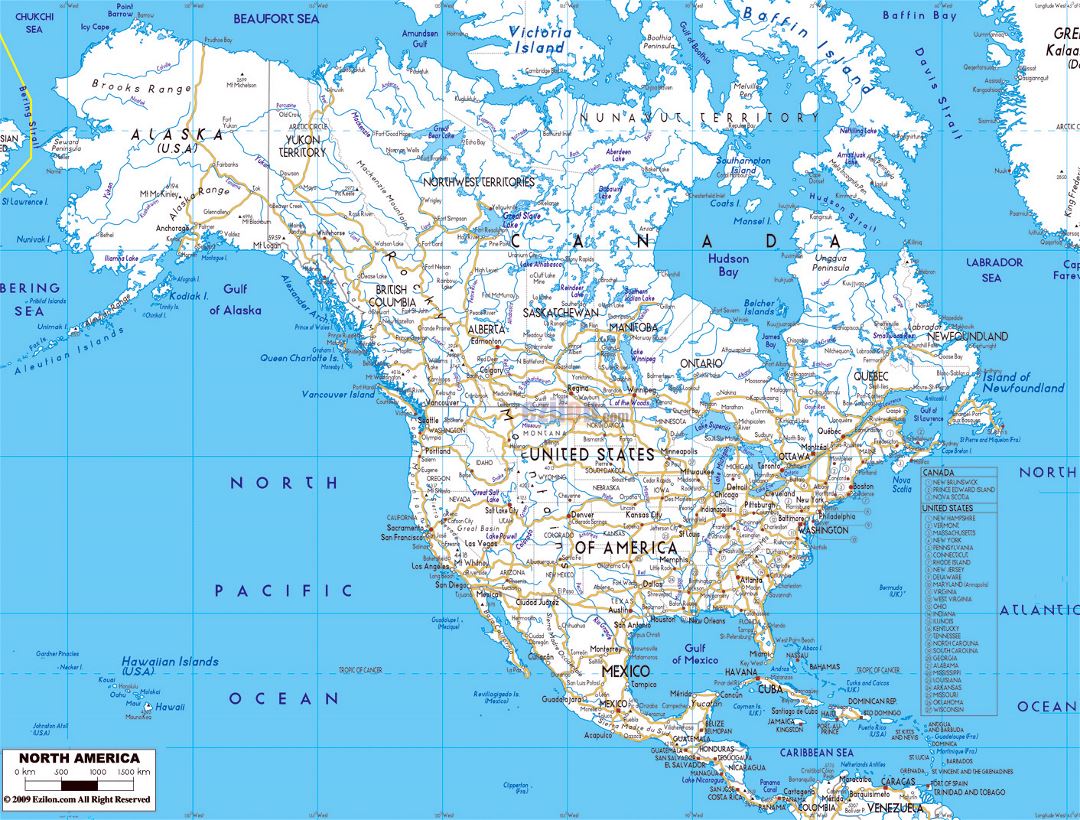 Hoja de ruta detallada de América del Norte con el avance de las principales ciudades