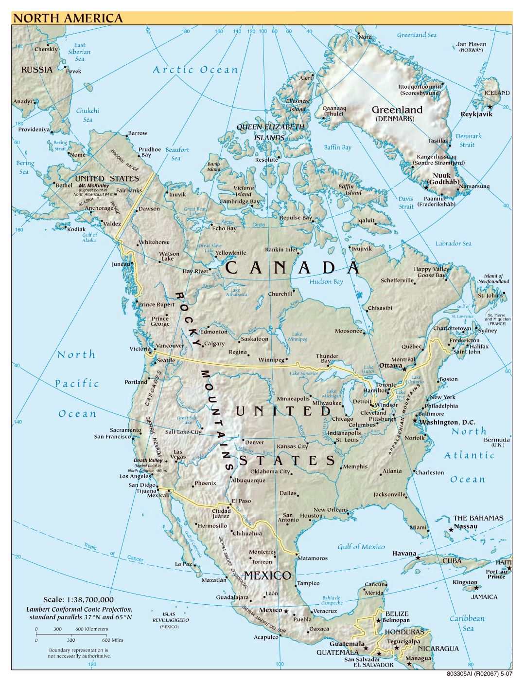 Mapa a gran escala política de América del Norte con alivio - 2007