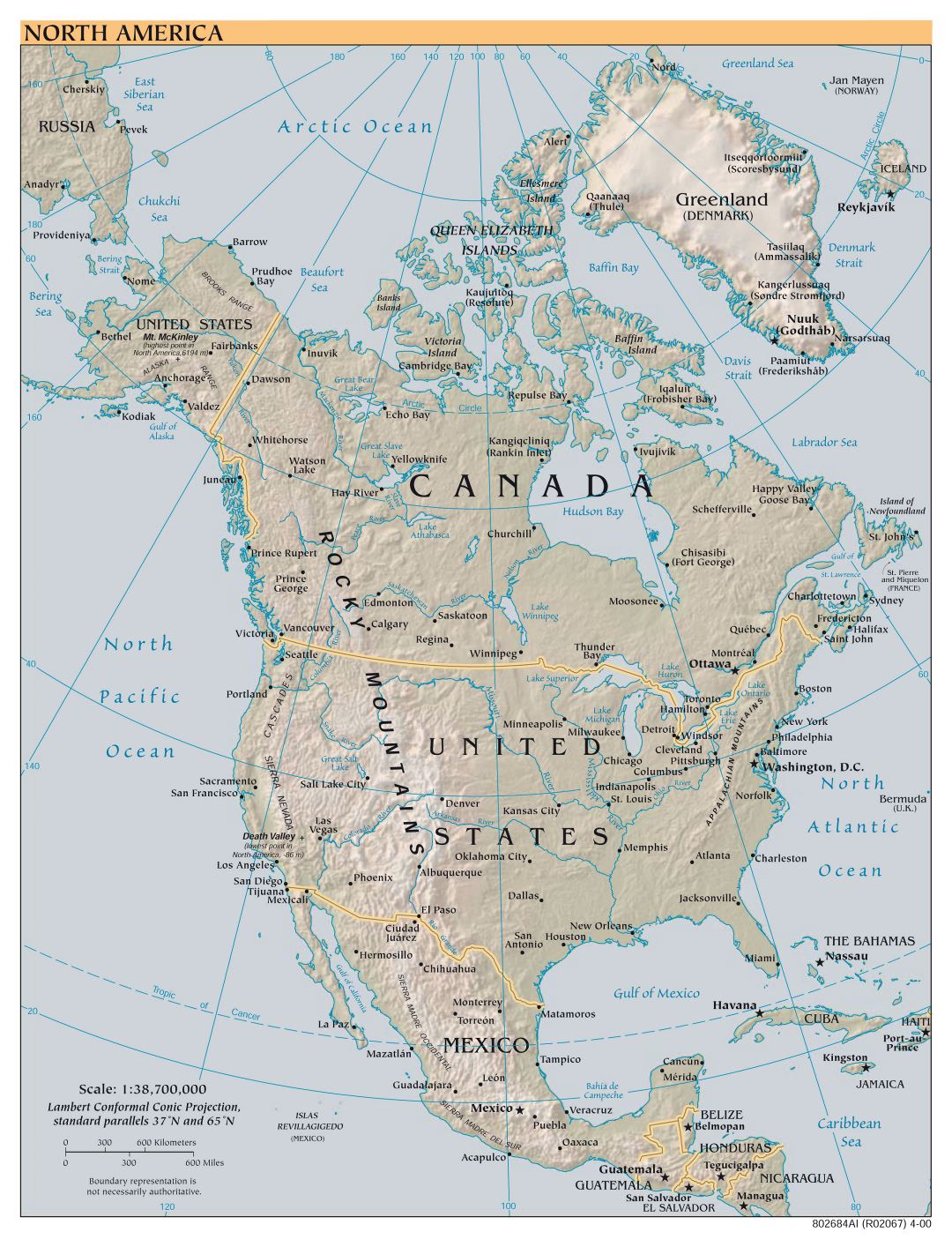 Mapa a gran escala política de América del Norte con alivio y ciudades - 2000