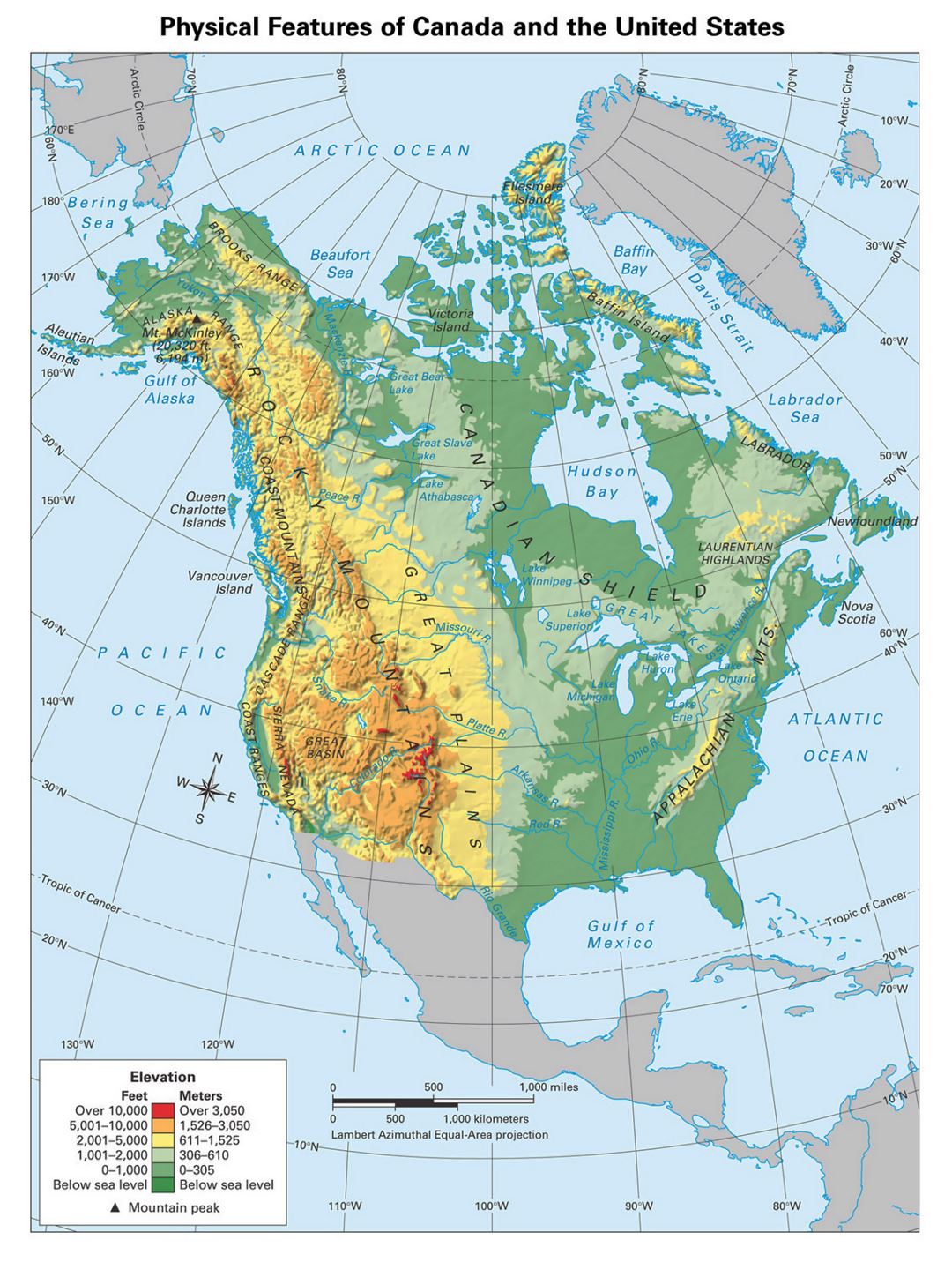 Mapa físico detallado de América del Norte