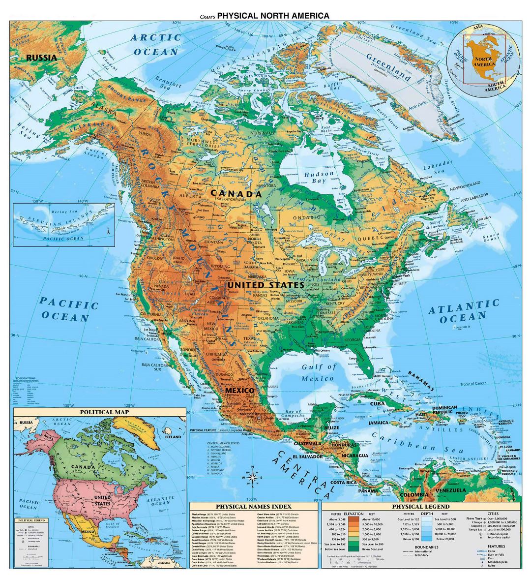 Mapa físico detallado de América del Norte y Central