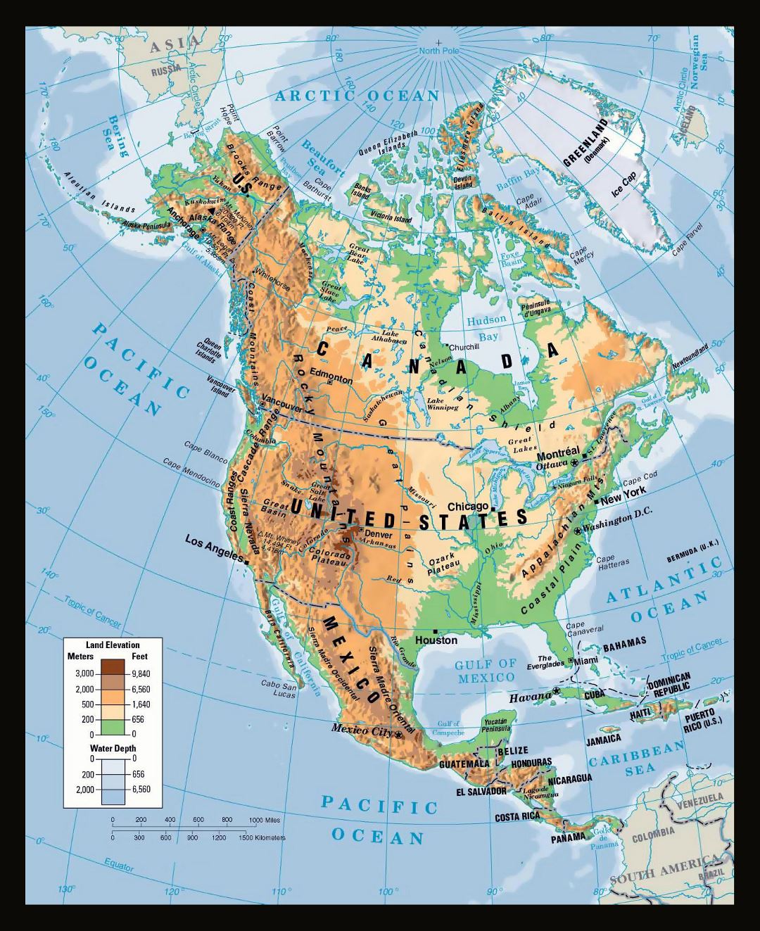 Mapa físico grande de América del Norte