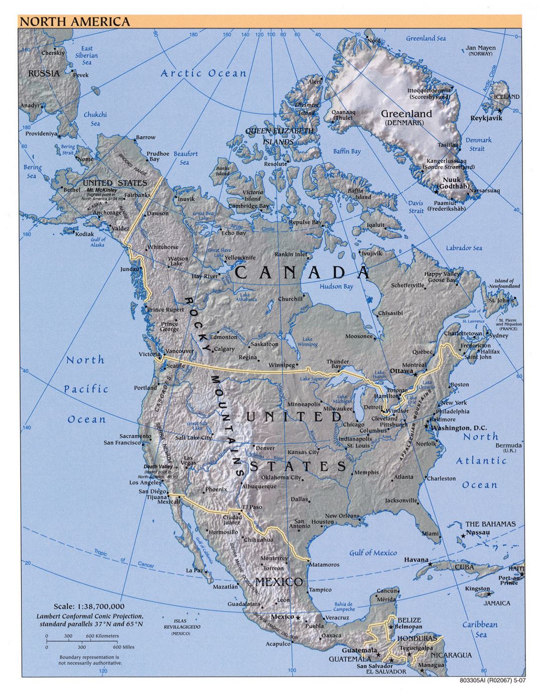 Mapa grande política detallado de América del Norte con alivio y las principales ciudades - 2007
