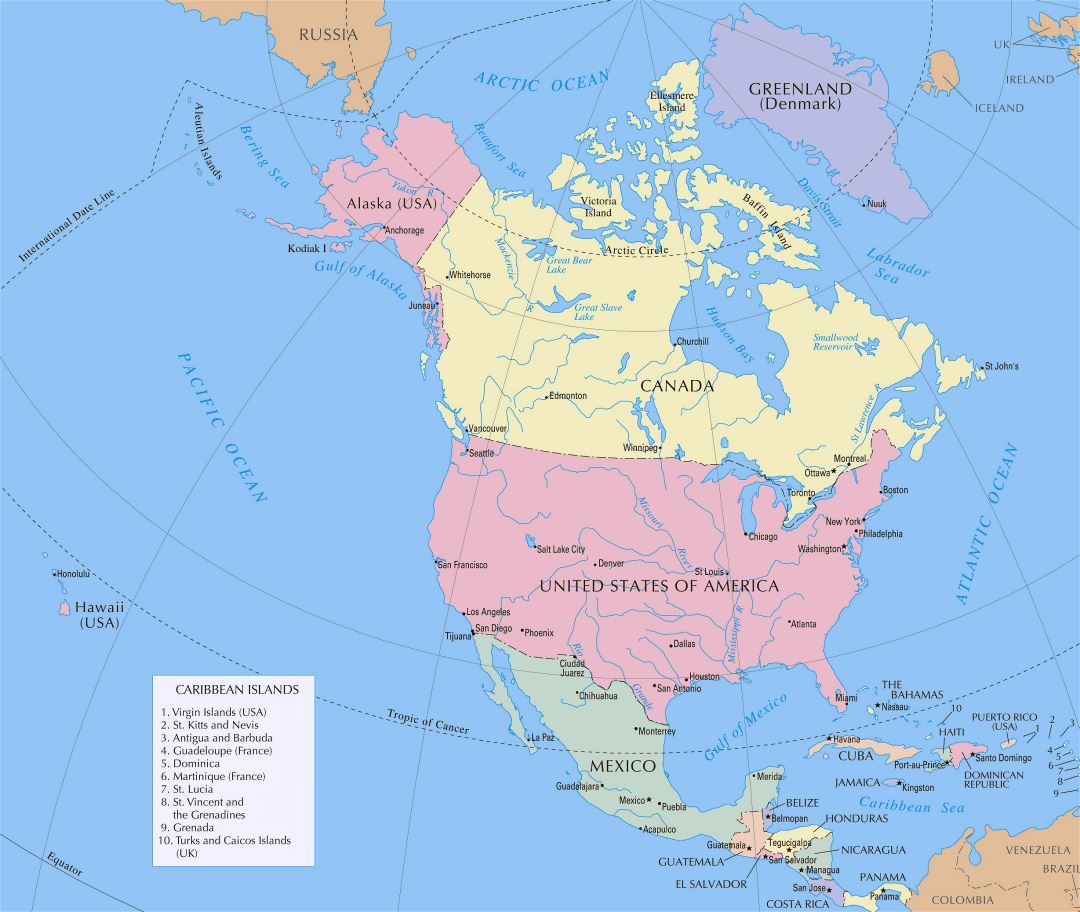 Mapa grande política detallado de América del Norte con capitales