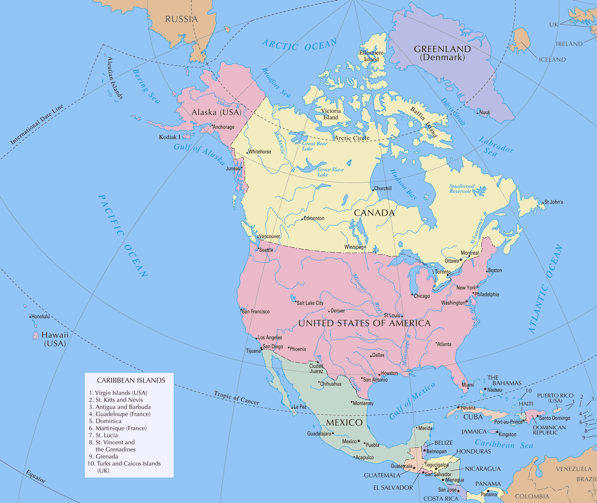 Mapa grande política detallado de América del Norte con capitales