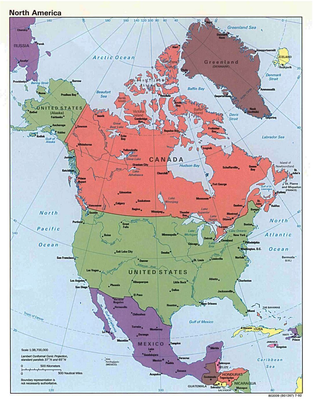 Mapa grande política detallado de América del Norte con las capitales y principales ciudades - 1992