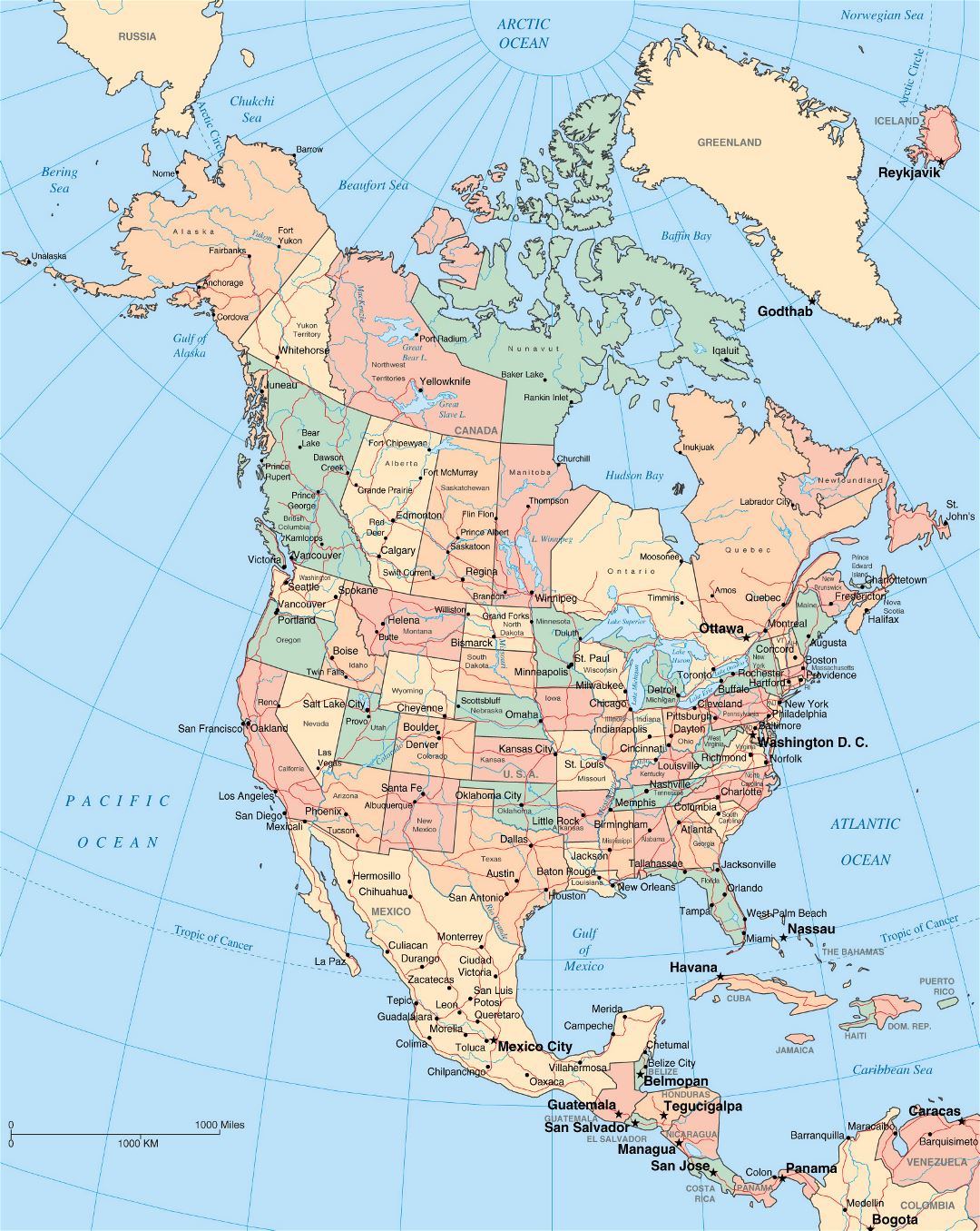 Mapa grande política detallado de América del Norte con las divisiones administrativas