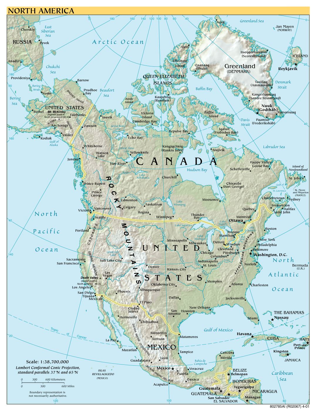 Mapa político a gran escala de América del Norte con alivio y capitales - 2001