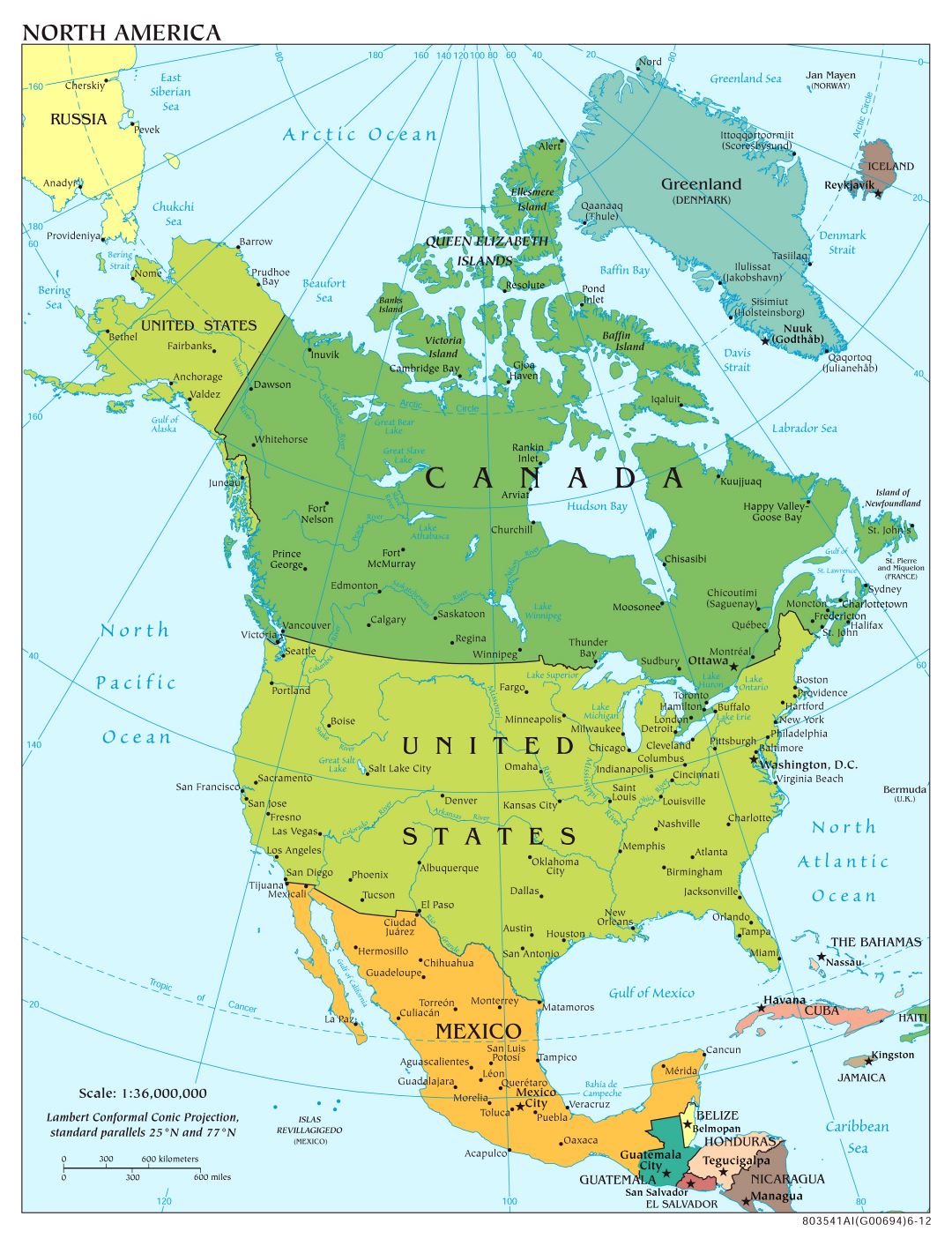 Mapa político a gran escala de América del Norte con las principales ciudades y capitales - 2012