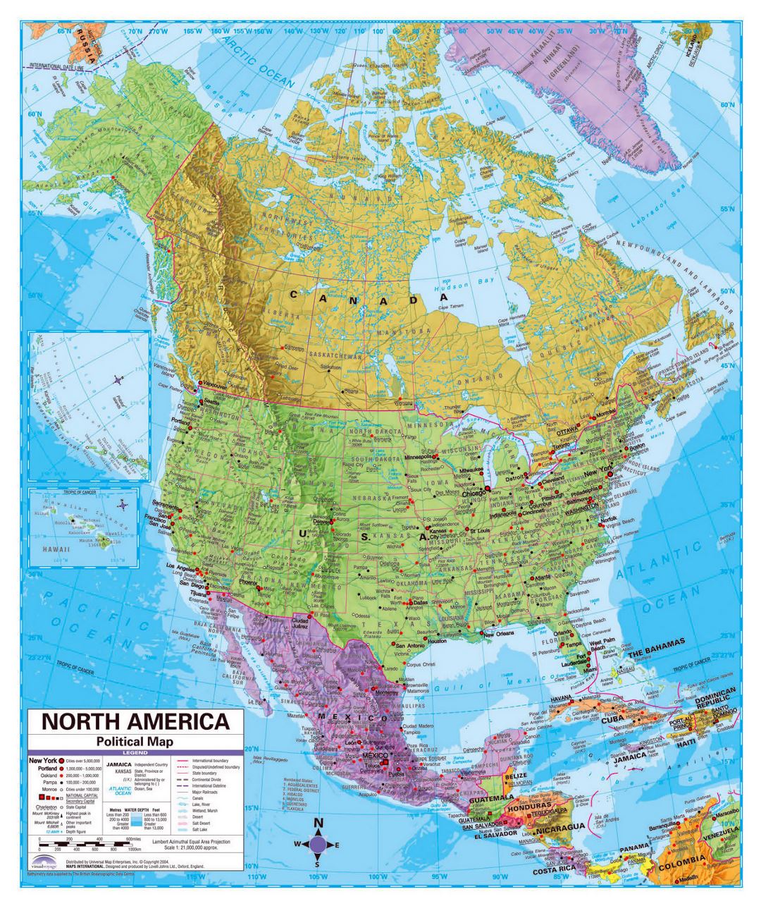 Mapa político de América del Norte con alivio, las carreteras y las principales ciudades