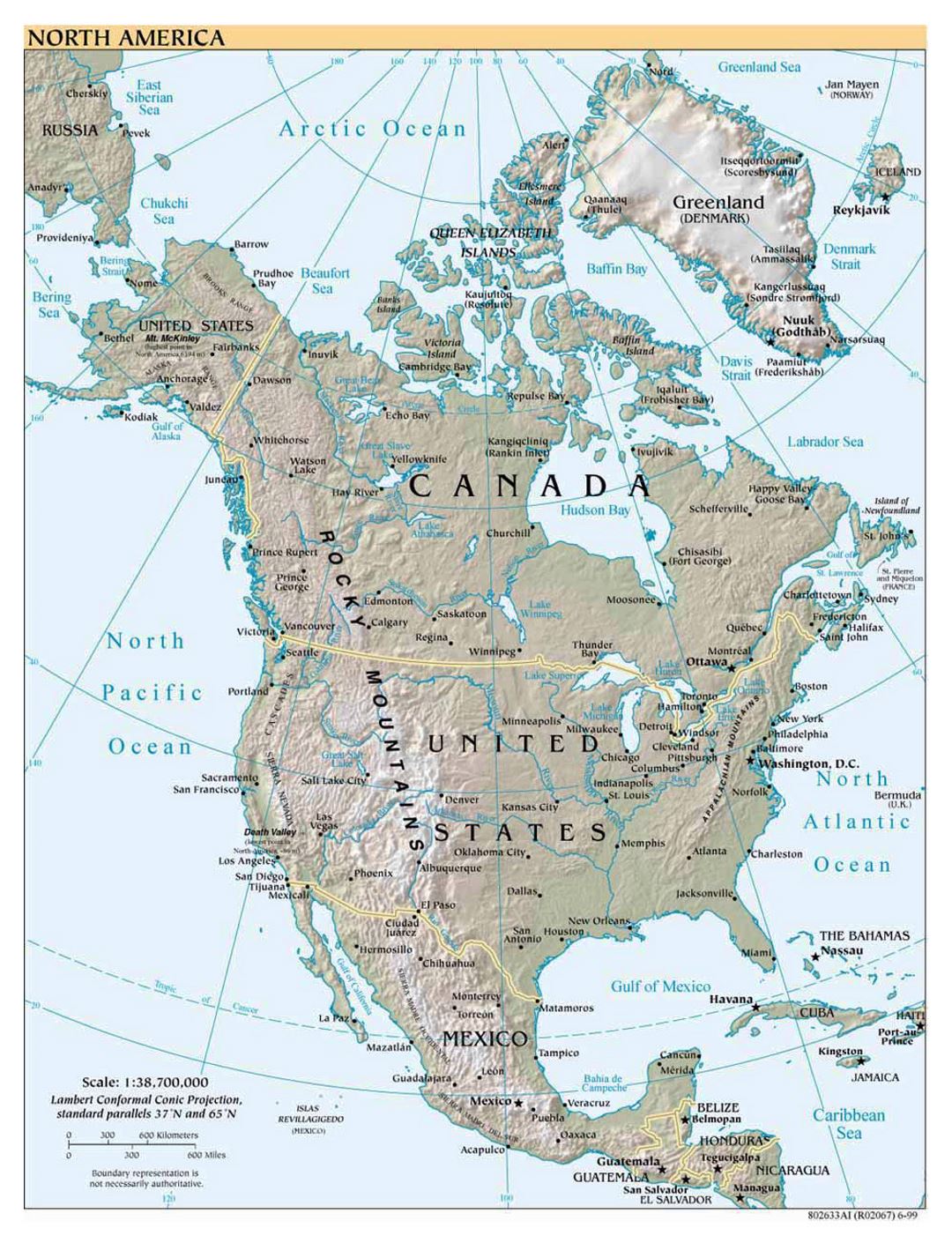 Mapa político detallado de América del Norte con alivio, ciudades y capitales - 1999