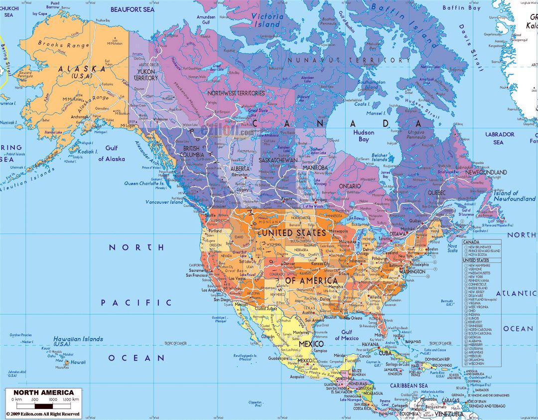 Mapa político detallado de América del Norte con las carreteras y ciudades principales