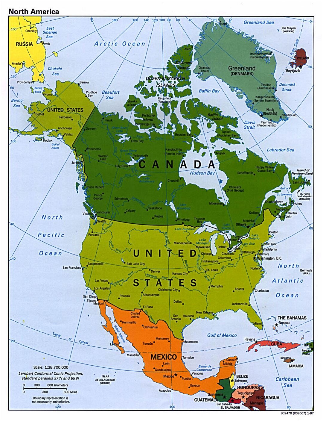 Mapa político detallado de América del Norte con las principales ciudades - 1997
