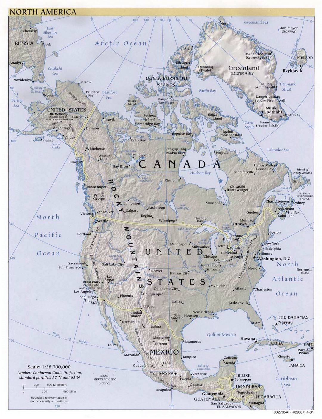 Mapa político grande de América del Norte con alivio y capitales - 2001