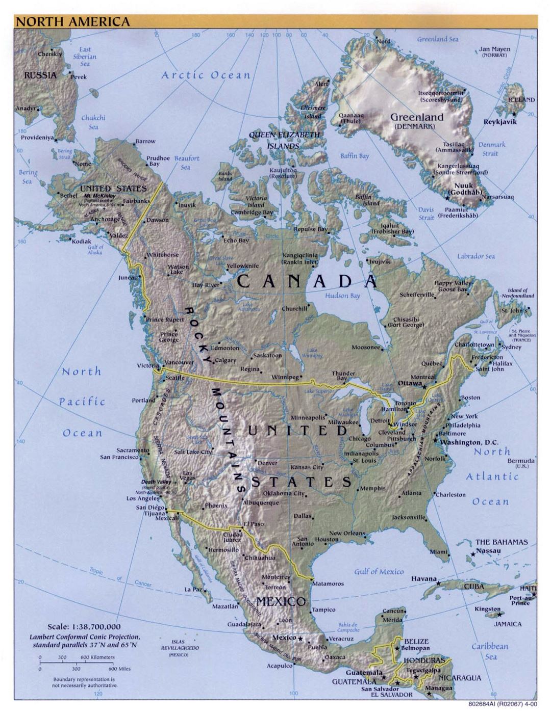 Mapa político grande de América del Norte con alivio y ciudades - 2000