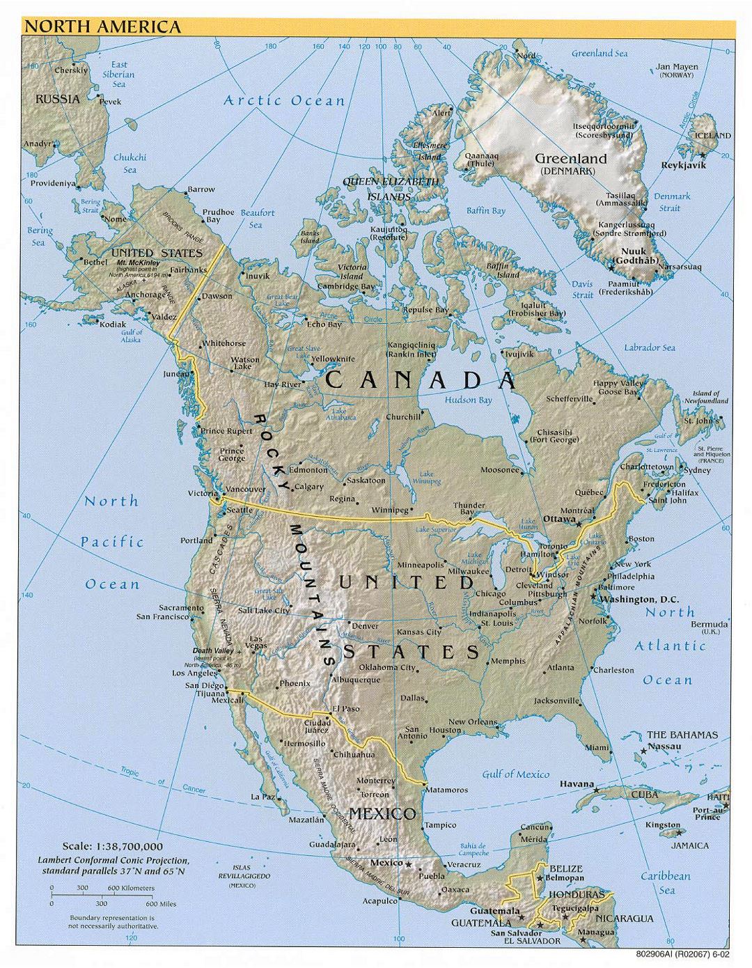 Mapa político grande de Norteamérica, con alivio, las principales ciudades y capitales - 2002