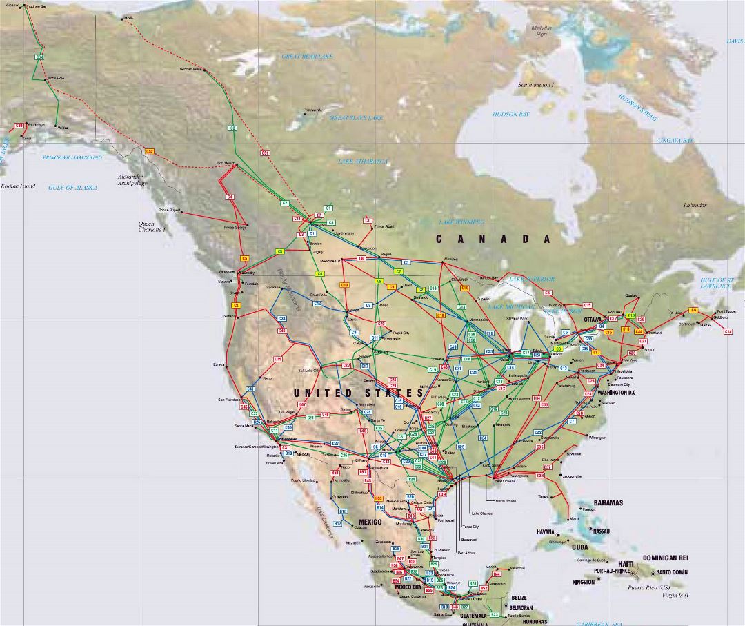 Pipelinesmap detallado de América del Norte