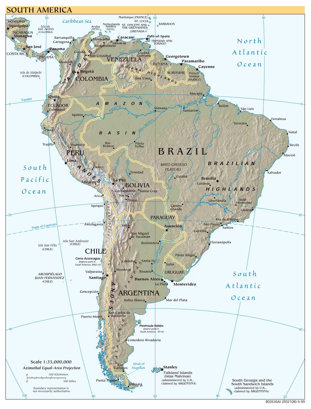 A gran escala mapa político de América del Sur con alivio, las principales ciudades y capitales - 1999