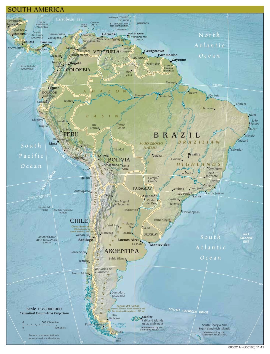 A gran escala mapa político de América del Sur con alivio, las principales ciudades y capitales - 2011