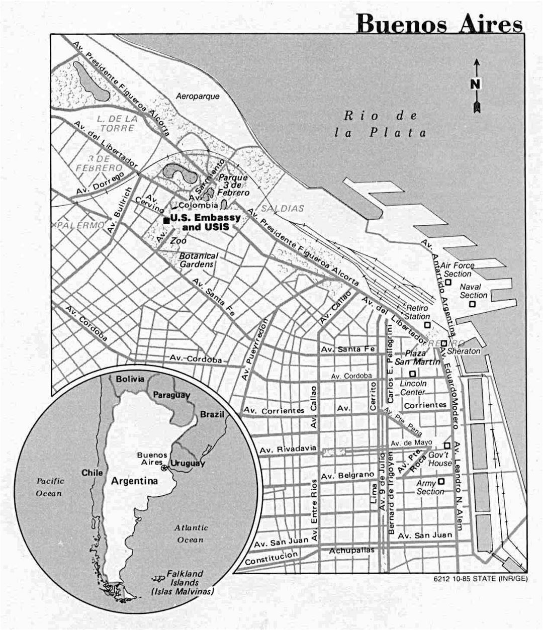 Grande mapa de ciudad de Buenos Aires Departamento de Estado de los EE. UU. - 1985